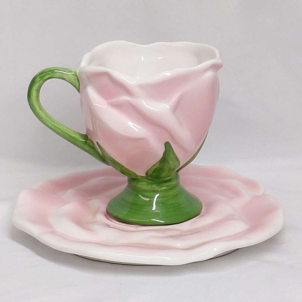 Vintage Pink Rose Ceramic Teleflora Gift Cup & Saucer Set